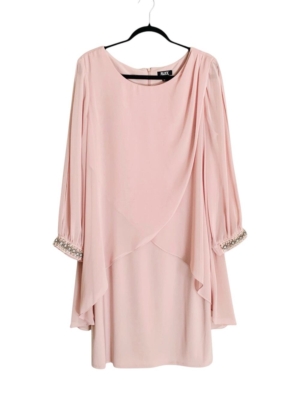 SLNY Tulip Cape Overlay Sheath Dress Size 16 Rose Pink Rhinestones Wedding Party